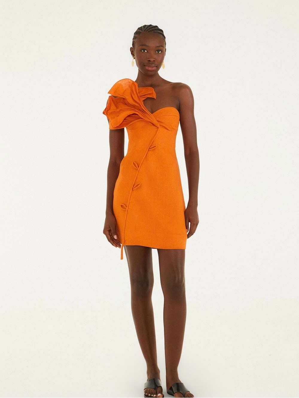 FARM Rio Sculptural Orange One-Shoulder Ruffle Mini Dress - Picture 3 of 4